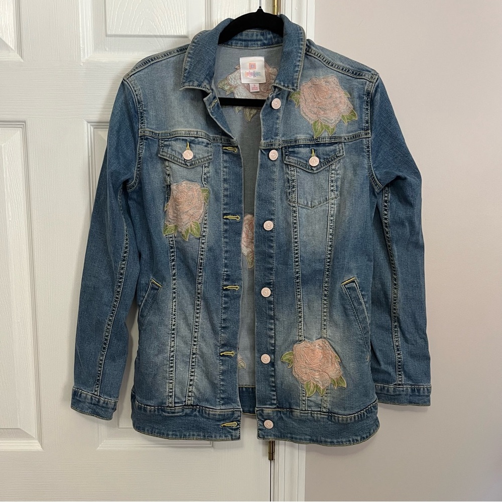 Lularoe Denim Jacket Womens Small Pink Roses Floral Longline Stretch Trucker - Picture 2 of 10